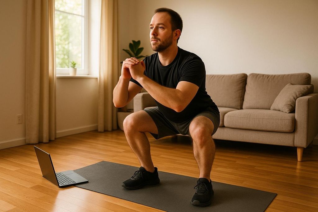 A man in a black shirt and grey shorts is doing bodyweight squats on a yoga mat in his living room, with a laptop open in front of him.