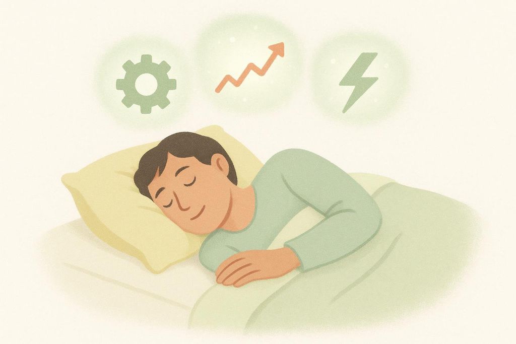 An illustration of a person sleeping soundly, with thought bubbles above their head containing icons representing benefits like problem-solving (a gear), growth/improvement (an arrow graph), and energy (a lightning bolt), highlighting the positive effects of rest.