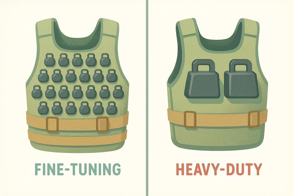 An illustration comparing two olive green vests against an off-white background. The left vest, labeled 'FINE-TUNING', has many small, dark grey, kettlebell-shaped weights evenly distributed across its front. The right vest, labeled 'HEAVY-DUTY', has two large, dark grey, rectangular weights on its chest. Both vests have a light brown strap around the waist with a rectangular buckle.