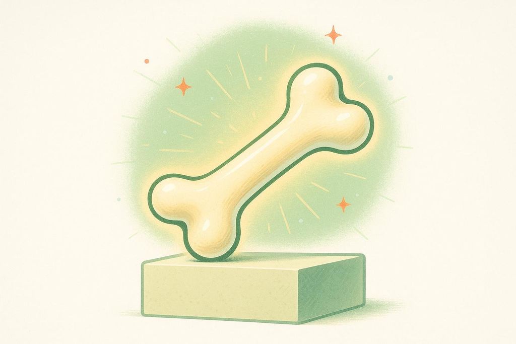 An abstract illustration of a light yellow bone with a green outline, glowing brightly against a green aura, resting on a light green rectangular pedestal. Small orange stars and light blue dots are scattered around the glowing bone.