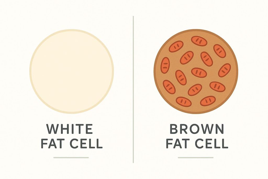 Diagram showing a white fat cell as a simple circle and a brown fat cell as a circle filled with numerous oval shapes representing mitochondria. Text labels identify each as 'White Fat Cell' and 'Brown Fat Cell' respectively, illustrating their structural differences.
