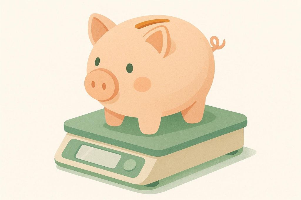 Illustration of a piggy bank on a digital scale.