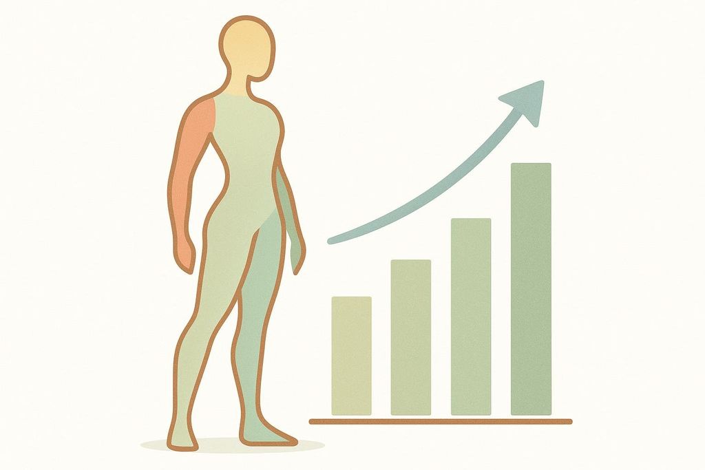 An illustration of a human silhouette in various shades of green and orange with a brown outline, standing next to a bar chart showing increasing progress, indicated by three green bars of ascending height and a blue arrow pointing upwards.