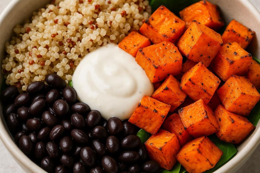 A close-up of a colorful vegetarian power bowl featuring quinoa, black beans, roasted sweet potatoes, and a dollop of white sauce, possibly yogurt or sour cream, on a bed of greens. The sweet potatoes are cubed and slightly charred, adding texture and flavor.