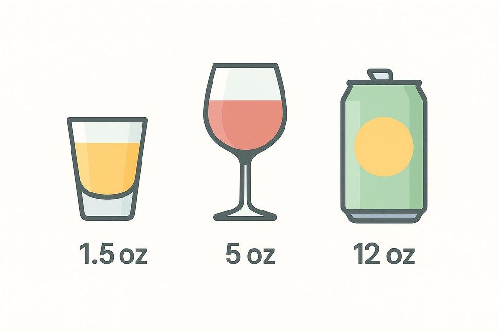 Illustration showing standard drink serving equivalents for spirits, wine, and beer.