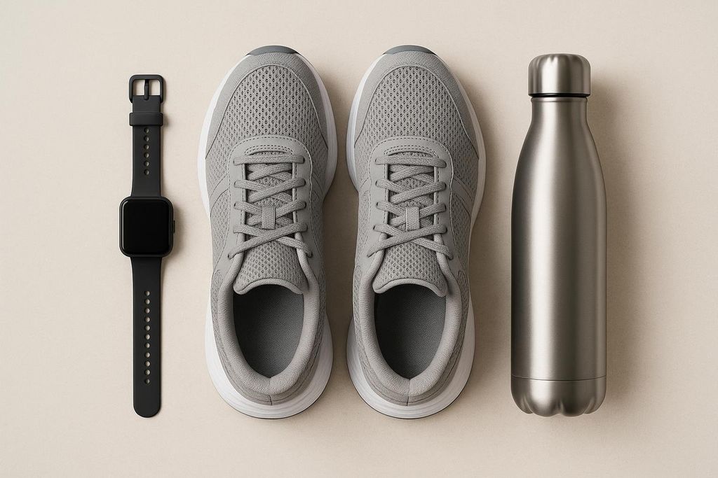 Flat lay of essential walking gear: a black fitness tracker, a pair of gray athletic shoes, and a silver water bottle.