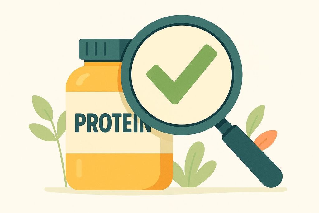 An illustration showing a magnifying glass over a protein supplement tub. A green checkmark appears within the magnifying glass, symbolizing approval or verification of the supplement, with green and orange leaves around the base of the bottle.