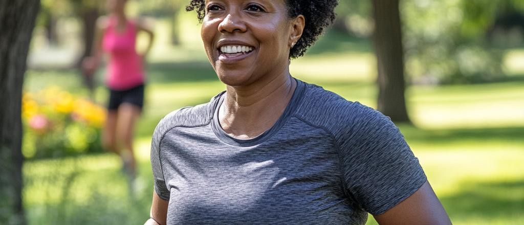 A woman smiles widely while running in a park with another person out of focus in the background.