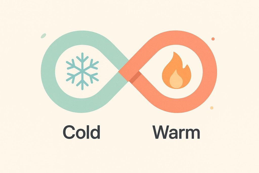 An infinity loop graphic with the left side in cool teal, containing a snowflake icon and the word 'Cold', and the right side in warm orange, containing a flame icon and the word 'Warm'. This symbolizes a continuous cycle or relationship between cold and warm.