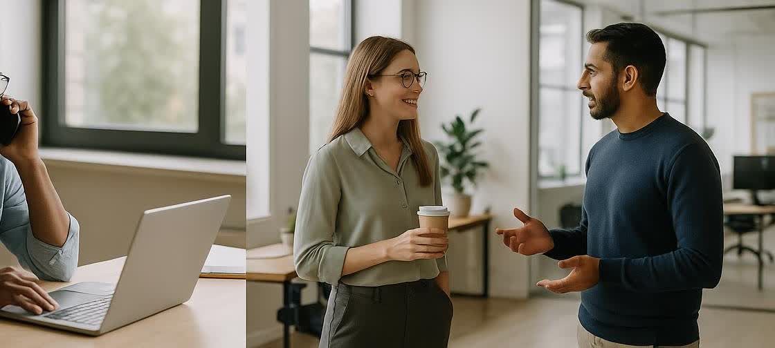 A group of diverse professionals working and interacting in an office environment, highlighting collaboration and focused work.