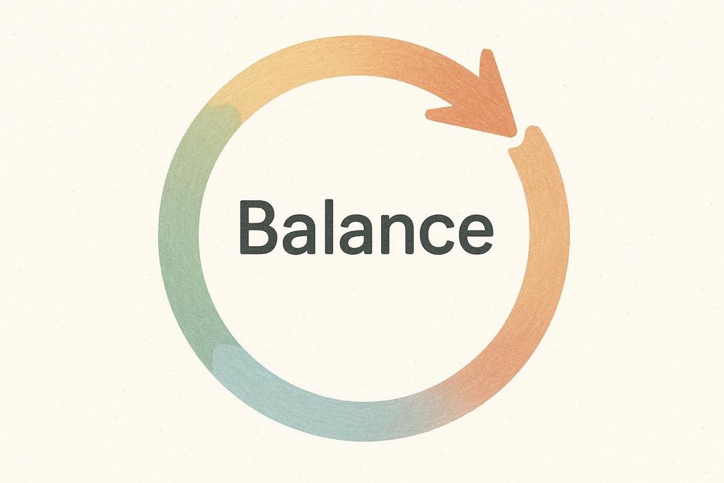 The word "Balance" in a dark gray font, centered within a circular arrow. The arrow transitions in color from light orange at the top right, through green and blue on the left, to a darker orange at the bottom right, with an arrowhead pointing clockwise.