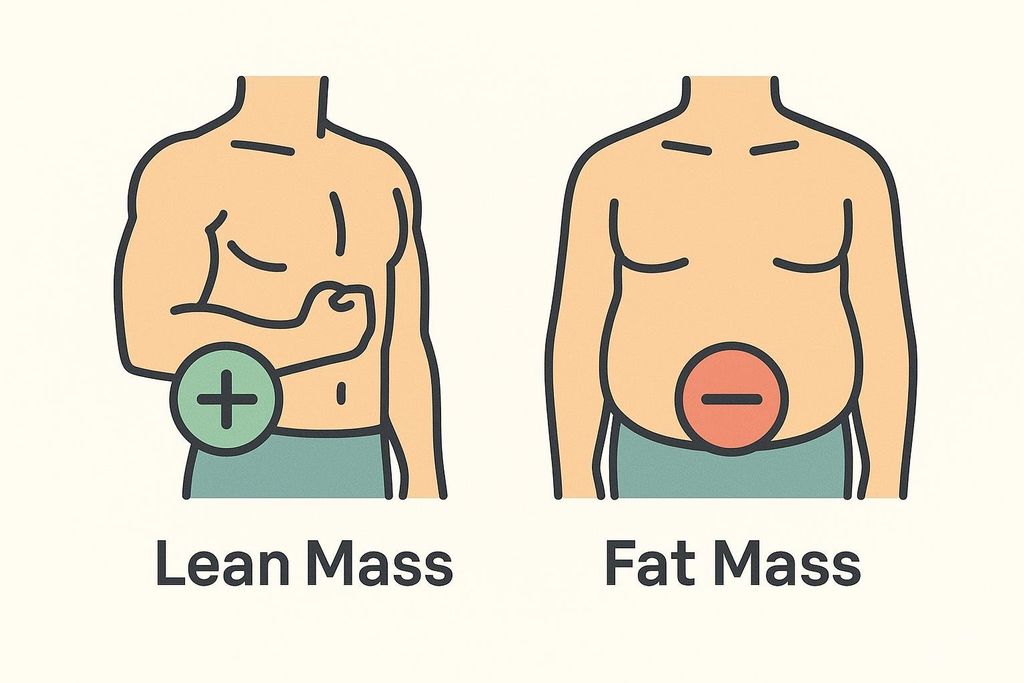 Comparison of torso outlines showing lean mass gain and fat mass loss