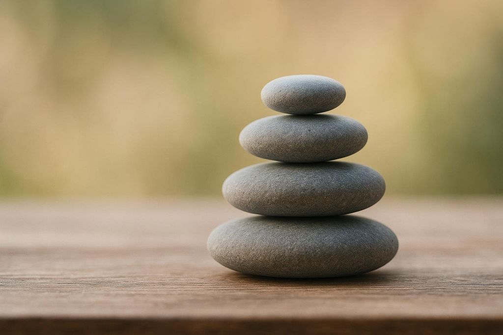 Four smooth, gray zen stones are carefully stacked on top of each other, creating a graceful tower. The stack is centered on a wooden surface with a blurred green and yellow background, evoking a sense of balance and tranquility.