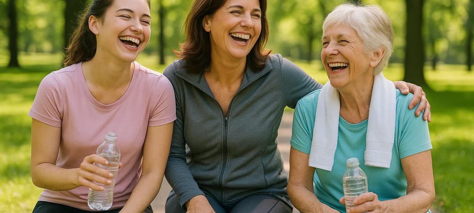 Three smiling women of diverse ages are pictured holding water bottles after exercising, representing fitness and healthy aging.