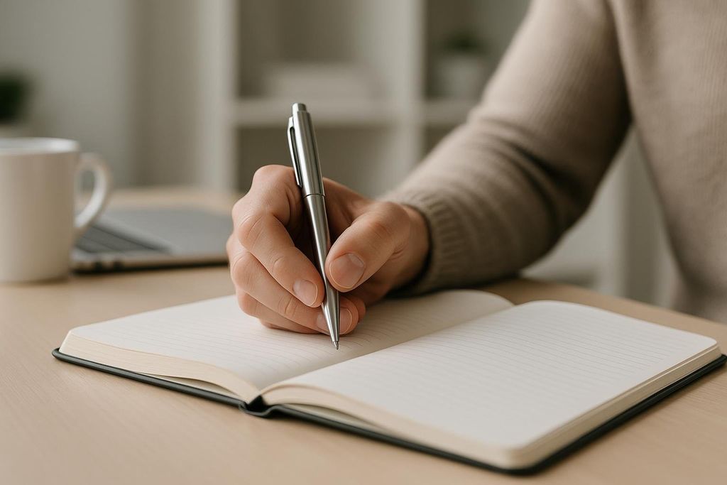 A close-up shot of a person's hand, wearing a beige sweater, holding a silver pen and writing in a blank, lined journal on a wooden desk. A coffee mug and laptop are subtly blurred in the background.