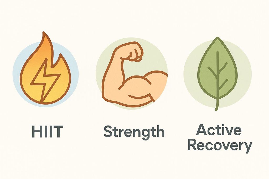 Icons representing HIIT, Strength, and Active Recovery pillars of a fitness plan. The icons are a flame with a lightning bolt, a flexed arm muscle, and a green leaf.