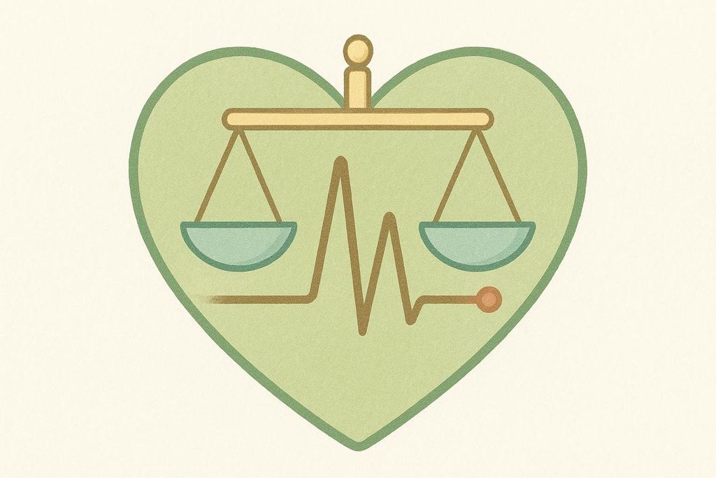 An illustration of a heart shape containing a weighing scale and a cardiogram line. The image represents potassium regulating heart rhythm.