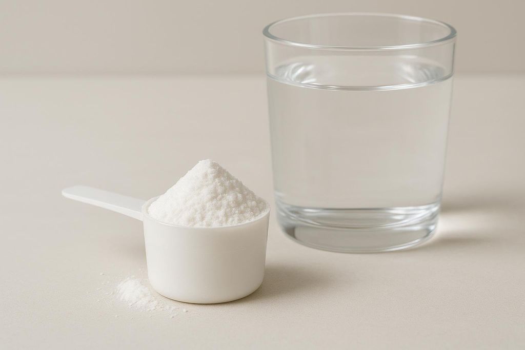 A white scoop filled with creatine powder next to a glass of water on a light-colored surface.