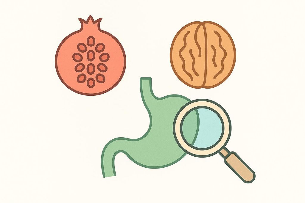 An illustration showing a pomegranate and a walnut hovering above a green stomach, which has a magnifying glass over it.