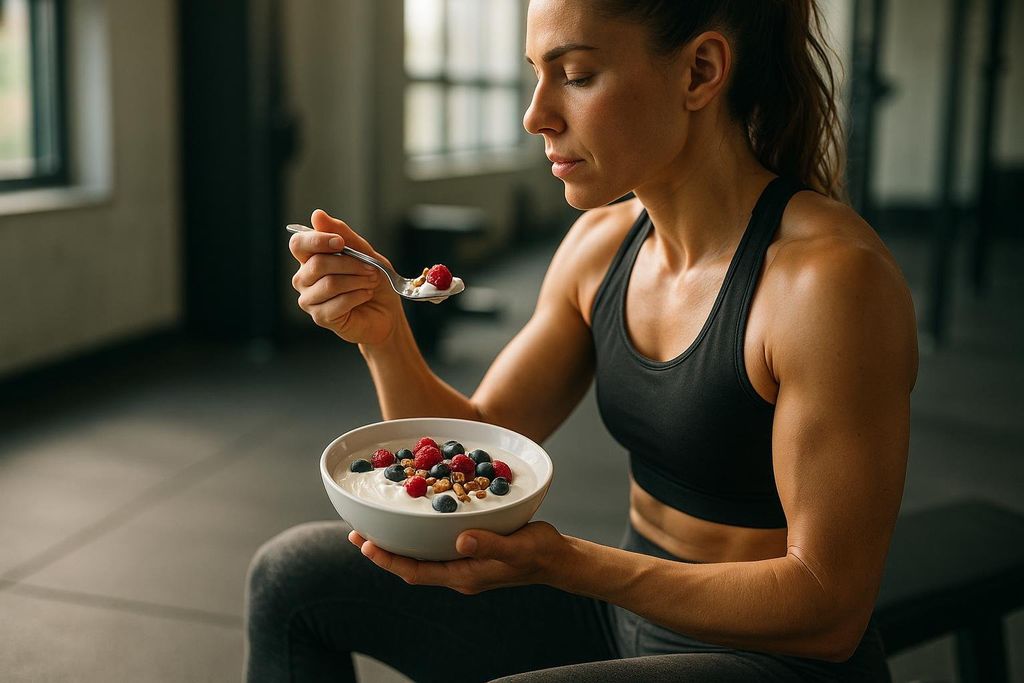 A fit woman in athletic wear is seen from a side profile, eating a bowl of yogurt topped with raspberries, blueberries, and nuts with a spoon. Her athletic arms are visible against a blurry gym background.