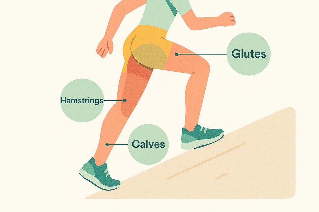 Illustration highlighting the glutes, hamstrings, and calves during uphill walking