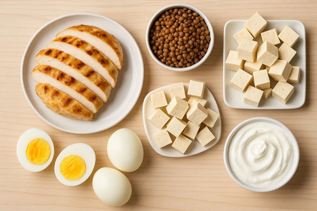 Top-down view of various healthy protein foods arranged on a light wood surface, including sliced grilled chicken on a white plate, lentils in a small white bowl, two small rectangular plates of cubed tofu, two whole hard-boiled eggs, one halved hard-boiled egg showing the yolk, and a small white bowl of Greek yogurt.