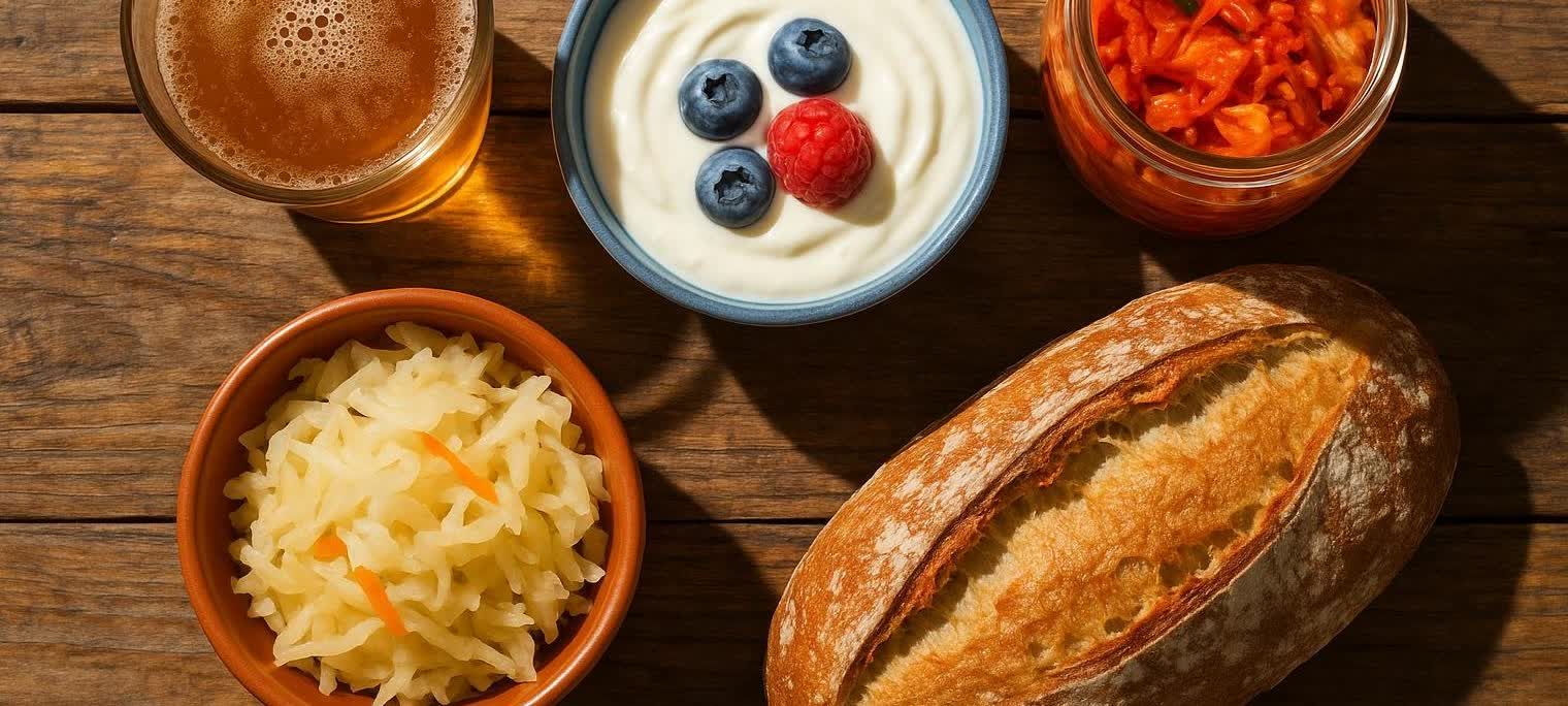 A colorful flat lay of fermented foods on a wooden table, including kombucha, yogurt with berries, kimchi in a jar, sauerkraut, and a loaf of sourdough bread.