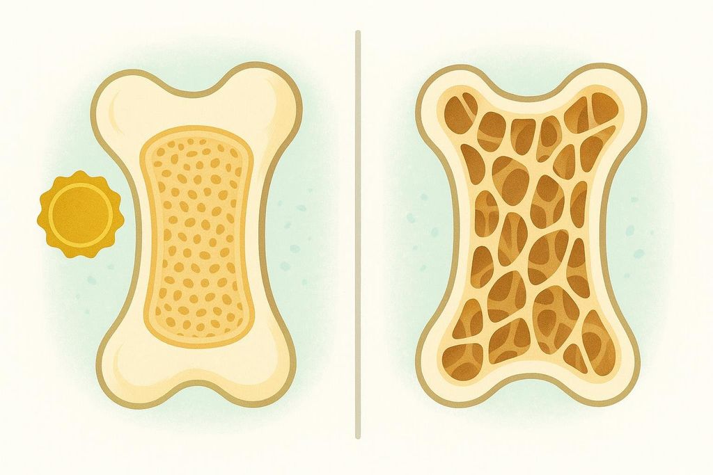 Illustration comparing healthy dense bone structure to porous bone structure, highlighting bone density differences.
