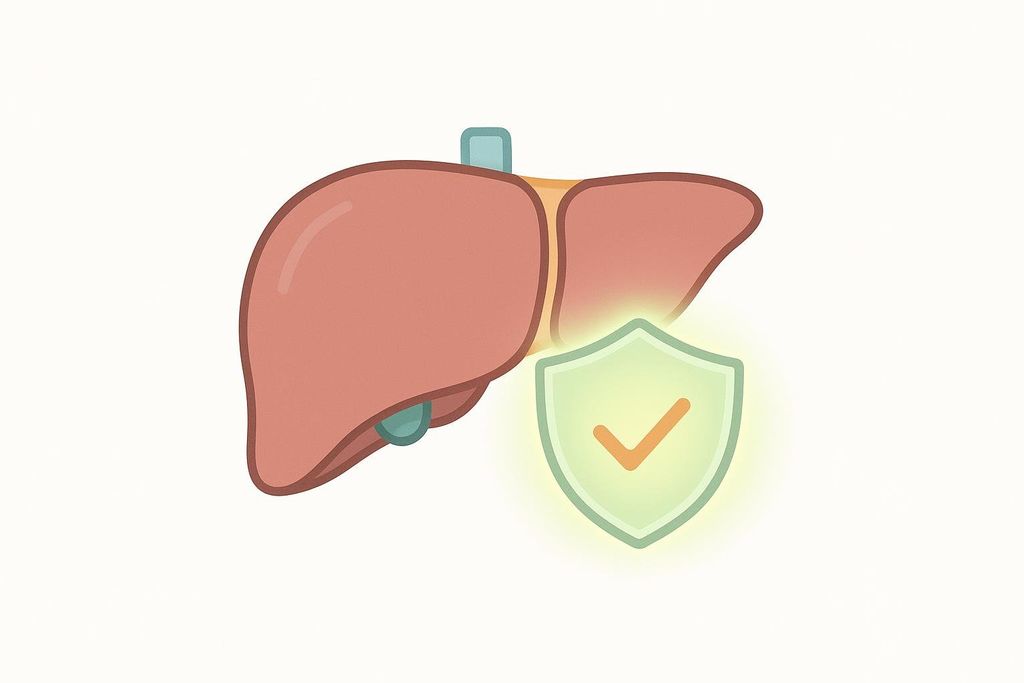 An icon of a liver with a shining green shield and an orange checkmark in front of it, symbolizing liver protection and health.