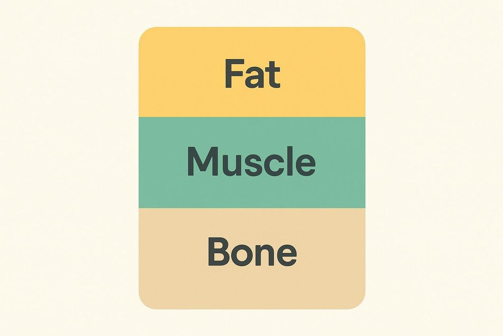 An illustration showing three stacked, colored rectangles, each labeled with a body composition component: 'Fat' (yellow), 'Muscle' (green), and 'Bone' (beige). This represents internal DEXA data.