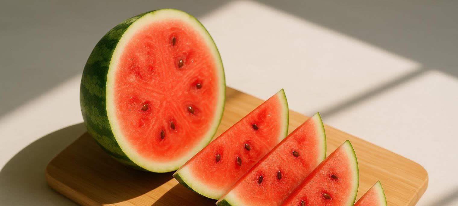 A vibrant red half of a watermelon and several triangular slices arranged on a light wooden cutting board. The background is a soft white with natural light and shadows.