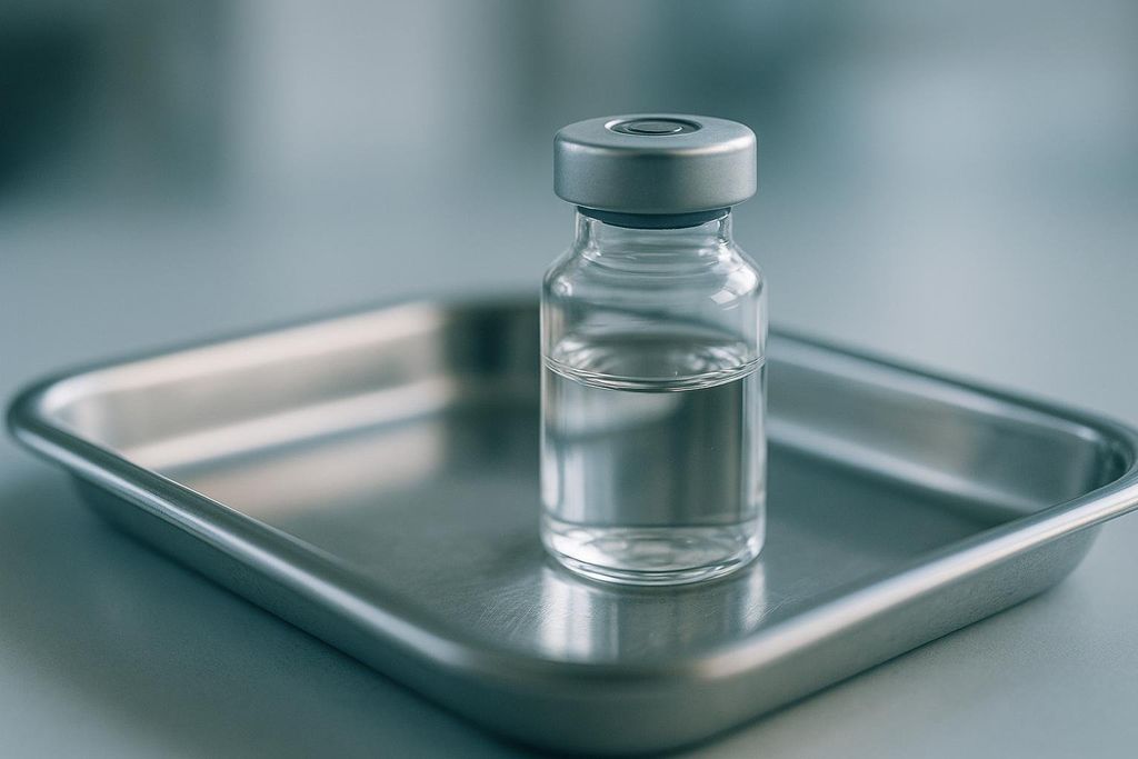 A clear glass medical vial with a silver cap, partially filled with a clear liquid, sitting on a shiny metallic surgical tray.
