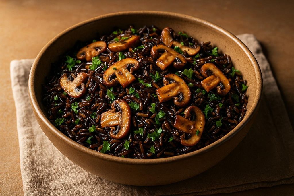 A close-up of a rustic bowl filled with dark wild rice, topped with glistening roasted mushroom slices and sprinkled with fresh green herbs like parsley. The bowl sits on a light brown linen cloth.