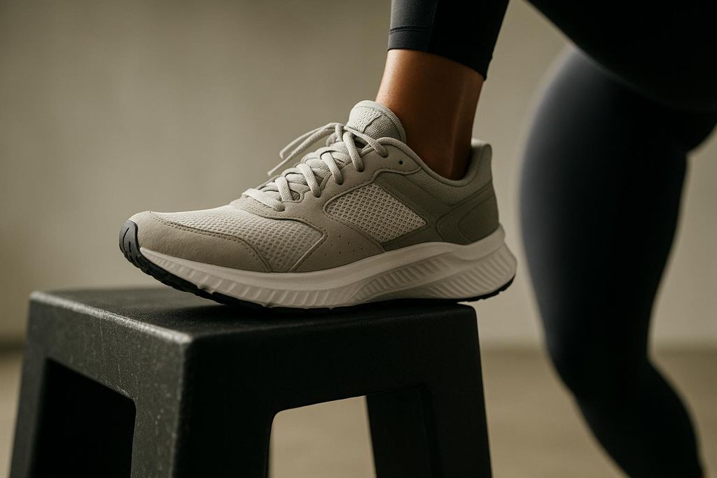 Close-up of a person's foot in a grey athletic shoe stepping onto a black workout box.