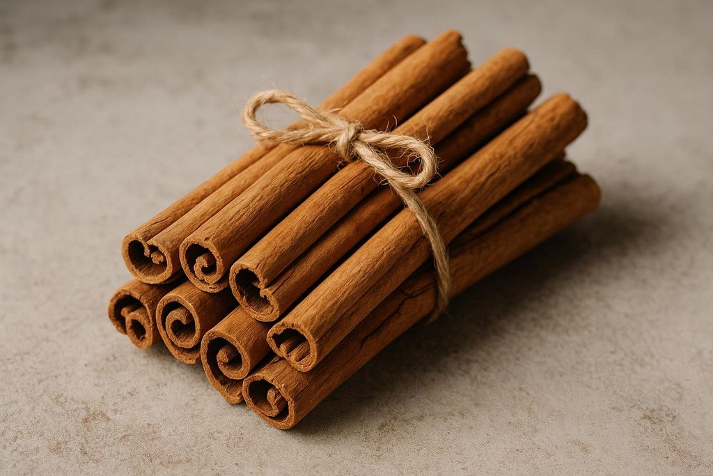 A bundle of light brown Ceylon cinnamon sticks tied together with a rustic twine bow, resting on a light gray, textured surface.