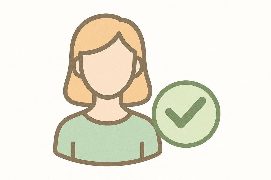 An icon depicting a female figure with blonde hair and a light green shirt, next to a large green checkmark in a circle. This icon often signifies a healthy status or acceptance.