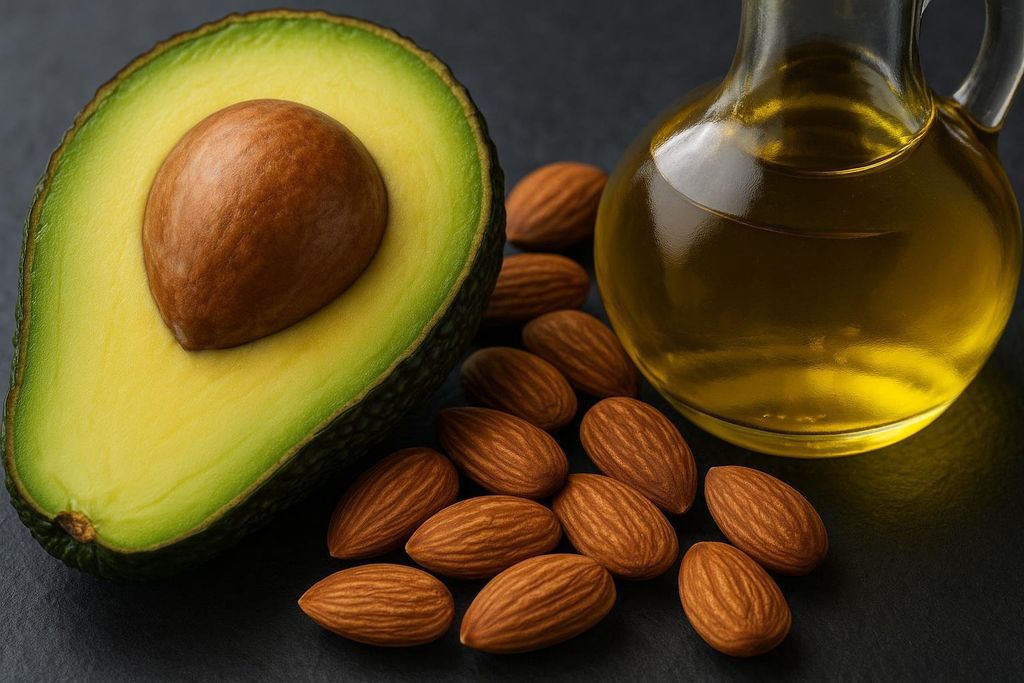A close-up view of healthy fat sources including a sliced avocado showing its pit, a pile of almonds, and a bottle of olive oil, all resting on a dark slate background.