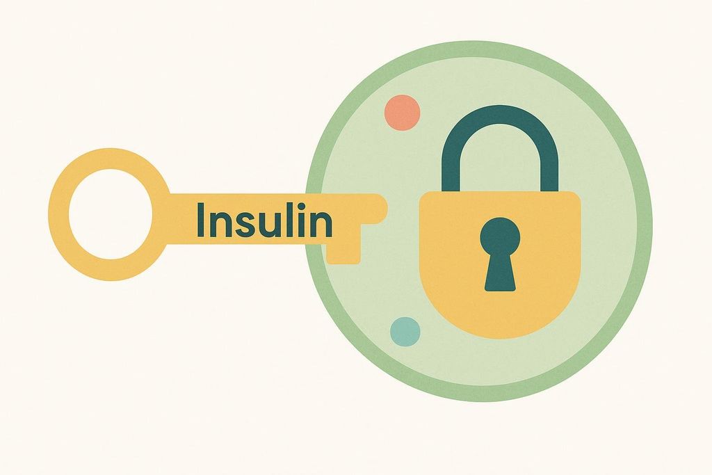A stylized illustration showing a yellow key labeled 'Insulin' entering a yellow padlock, which is set against a light green circular background. This visual metaphor represents how insulin interacts with cells.
