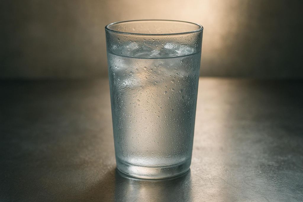 A close-up of a glass filled with ice water, covered in condensation droplets, sitting on a metallic surface. The background is dimly lit with a soft highlight.