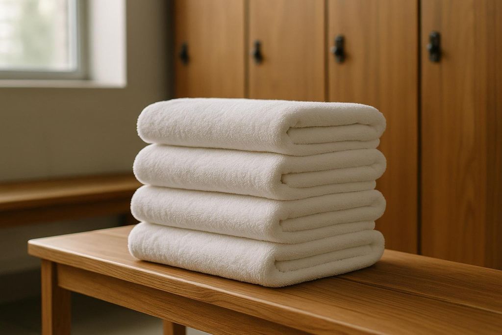 Stack of fresh towels on a bench