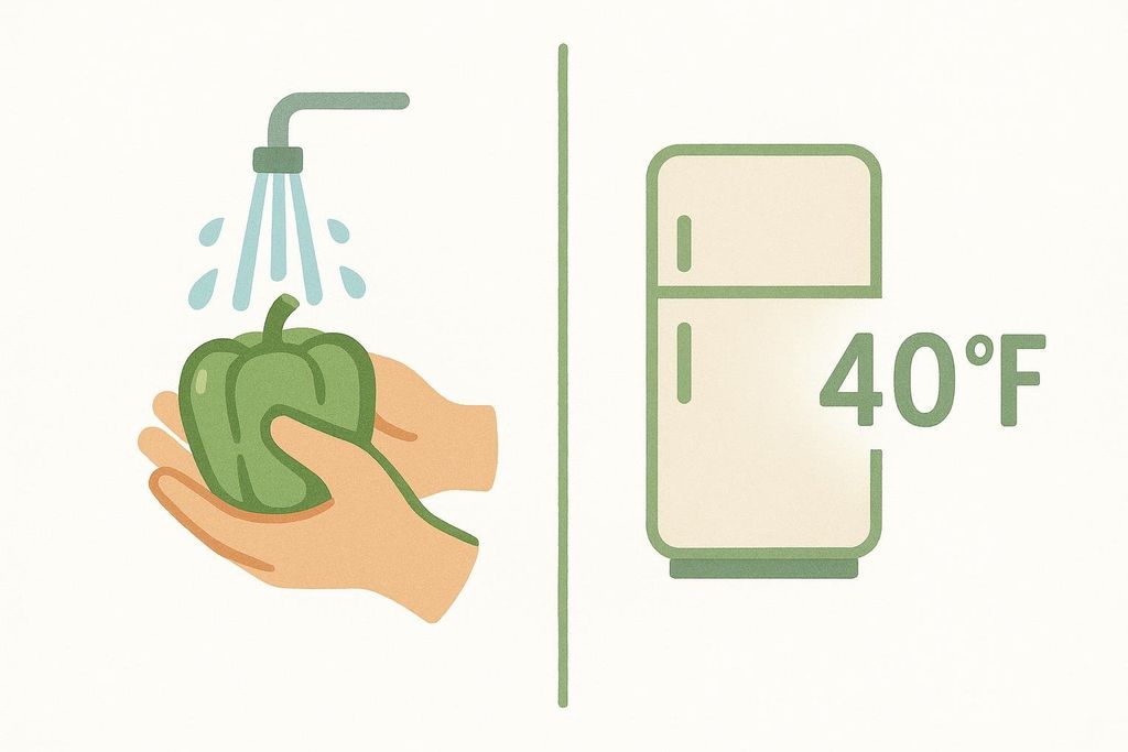 An illustration showing two food safety tips side-by-side: on the left, a pair of hands washes a green bell pepper under a running faucet, and on the right, a refrigerator with '40°F' written next to it.