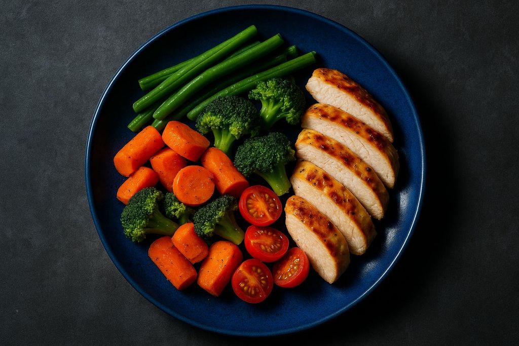 A healthy meal served on a blue plate showing sliced grilled chicken breast, green beans, broccoli florets, carrots, and halved cherry tomatoes arranged for portion control.