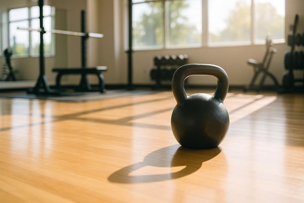 A kettlebell resting on a wooden gym floor in a brightly lit room.