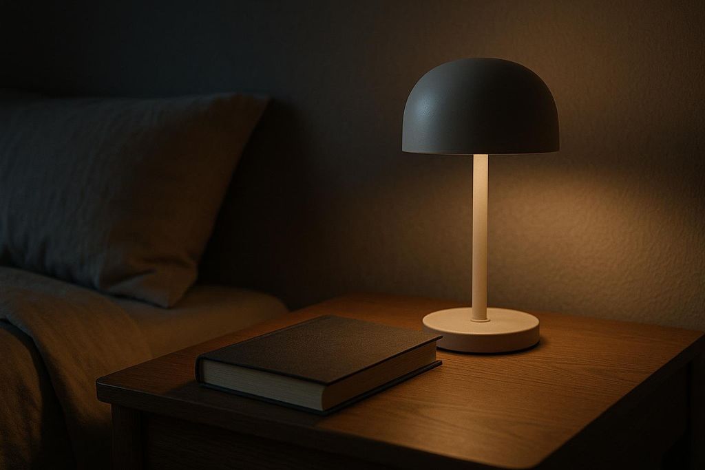 A dimly lit bedroom scene showing a bedside table with a modern dome-shaped lamp casting a warm glow on a closed dark book. Part of a bed with a pillow is visible in the background.