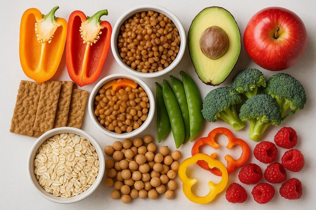 A colorful flat-lay of high-fiber foods including bell peppers, lentils, avocado, an apple, broccoli, raspberries, snap peas, oats, and chickpeas on a white background.