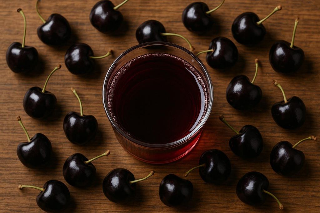 A top-down view of a glass of tart cherry juice, surrounded by fresh, dark red cherries, scattered on a wooden surface.