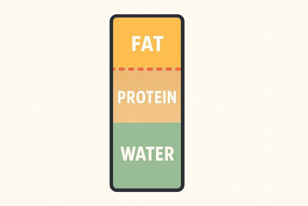 A simple bar chart, colored orange, yellow, and green, with the sections labeled 'FAT', 'PROTEIN', and 'WATER' from top to bottom.
