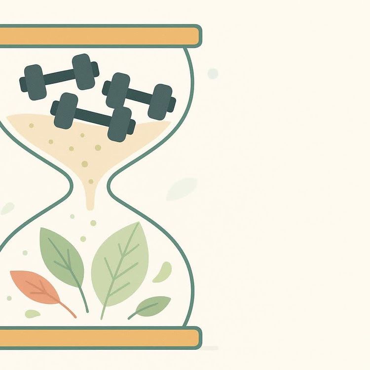 An illustration of an hourglass with green dumbbells representing fitness in the top bulb, and green and orange leaves representing nature in the bottom bulb, suggesting a balance or progression between the two.