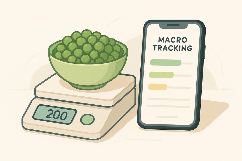 An illustration showing a bowl of green peas on a digital kitchen scale, displaying '200'. Next to it, a smartphone shows an app titled 'MACRO TRACKING' with progress bars.