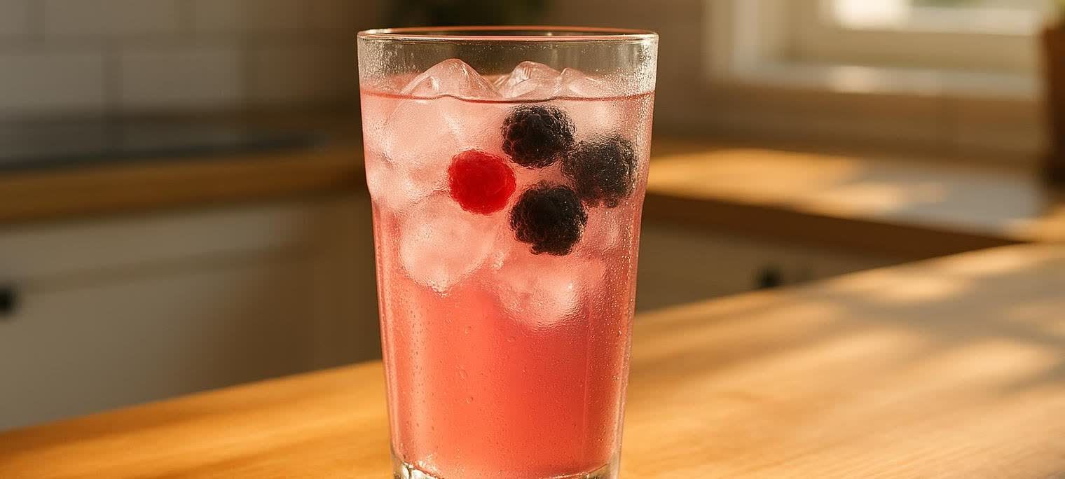 A clear glass filled with a pink protein drink, ice cubes, a red raspberry, and dark blackberries, sitting on a wooden counter in sunlight.